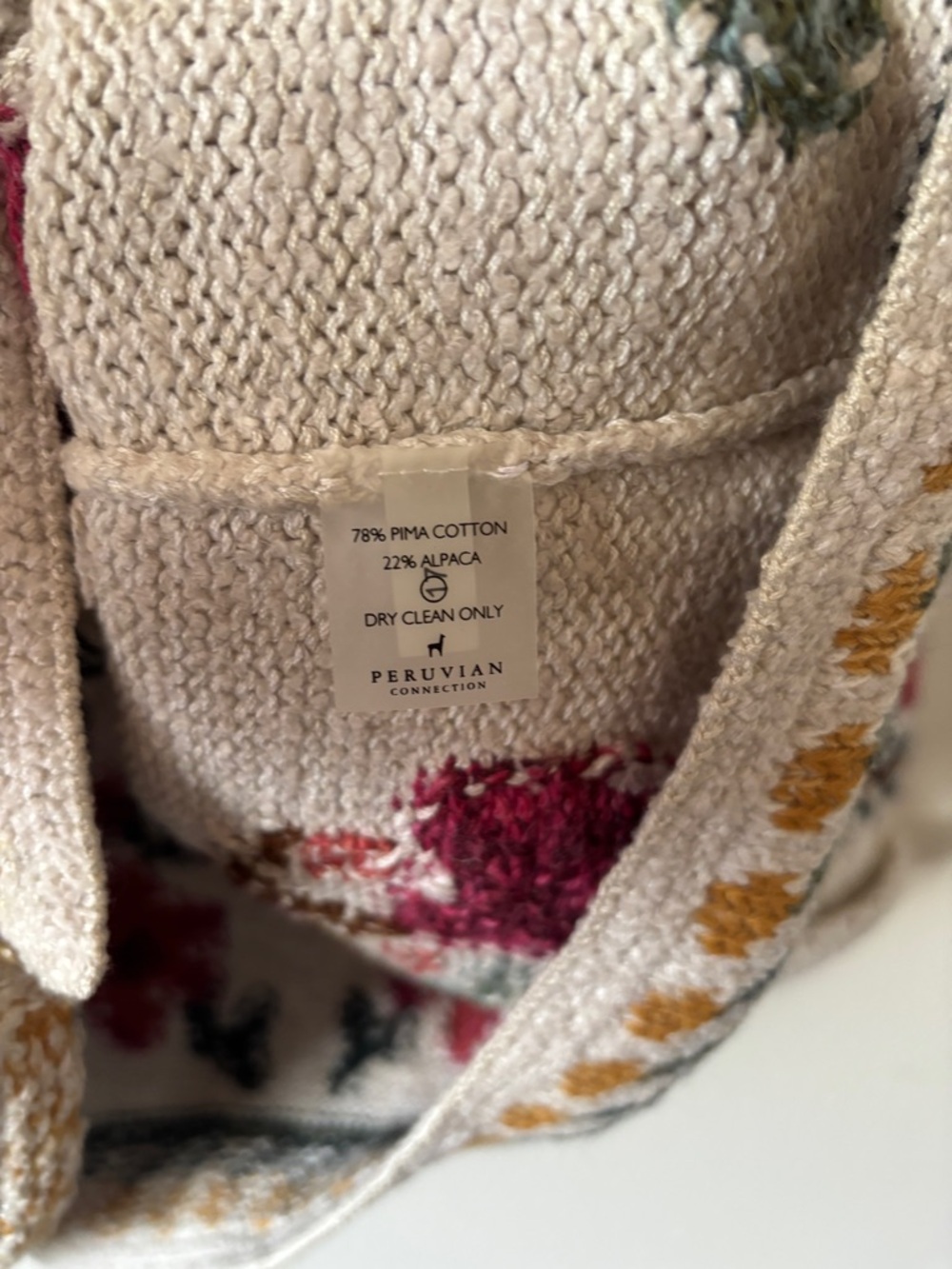 Peruvian Connection Pima Cotton and Alpaca Cream Cardigan Sweater Floral XL - Picture 6 of 10